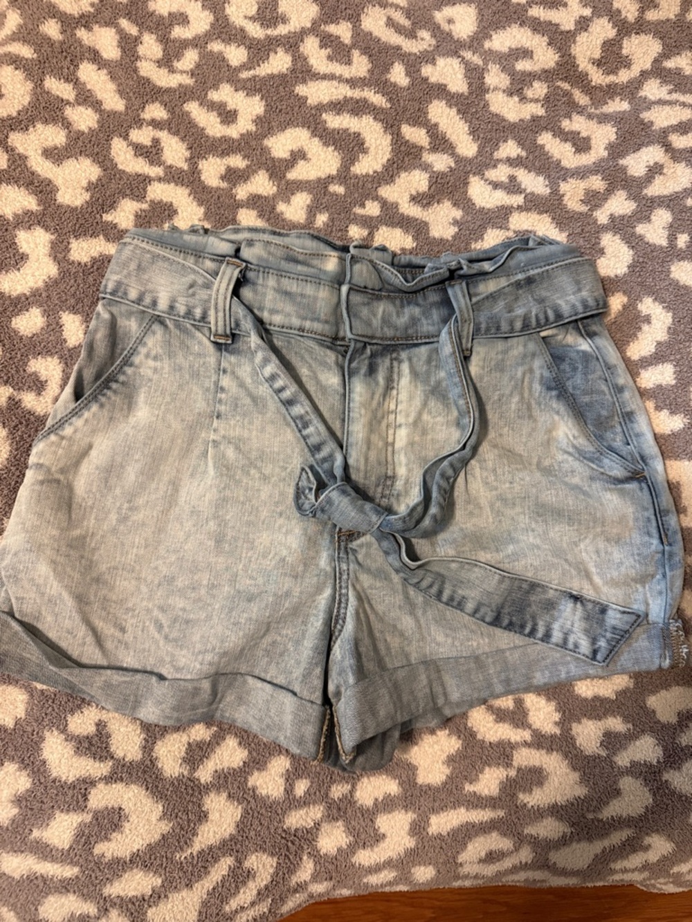 Express Light Blue Paperbag Waist Denim Shorts with Tie